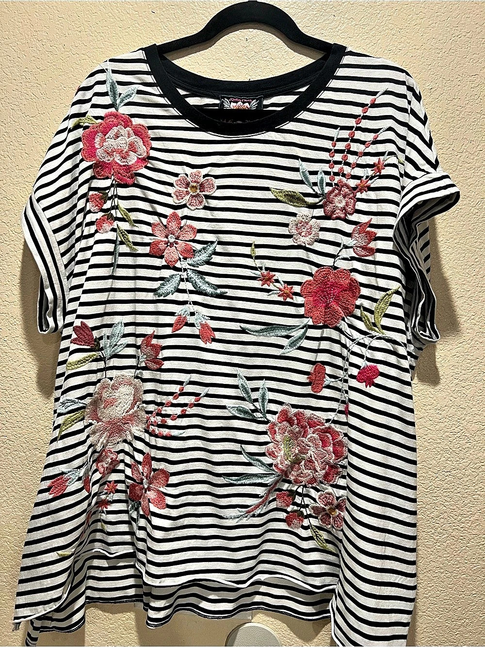 Johnny Was Floral Embroidered Striped Tee in Black & White